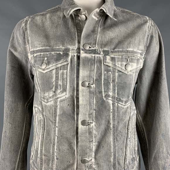 JOHN ELLIOTT Chest Grey White Painted Cotton Trucker Jacket - Picture 2 of 7